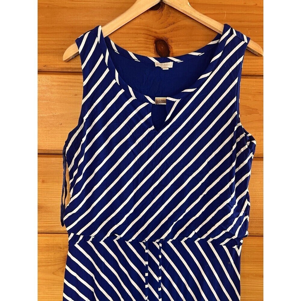 Talbots Women's Maxi Dress Royal Blue White Stripe Sleeveless  Sz M Belted - Picture 2 of 4